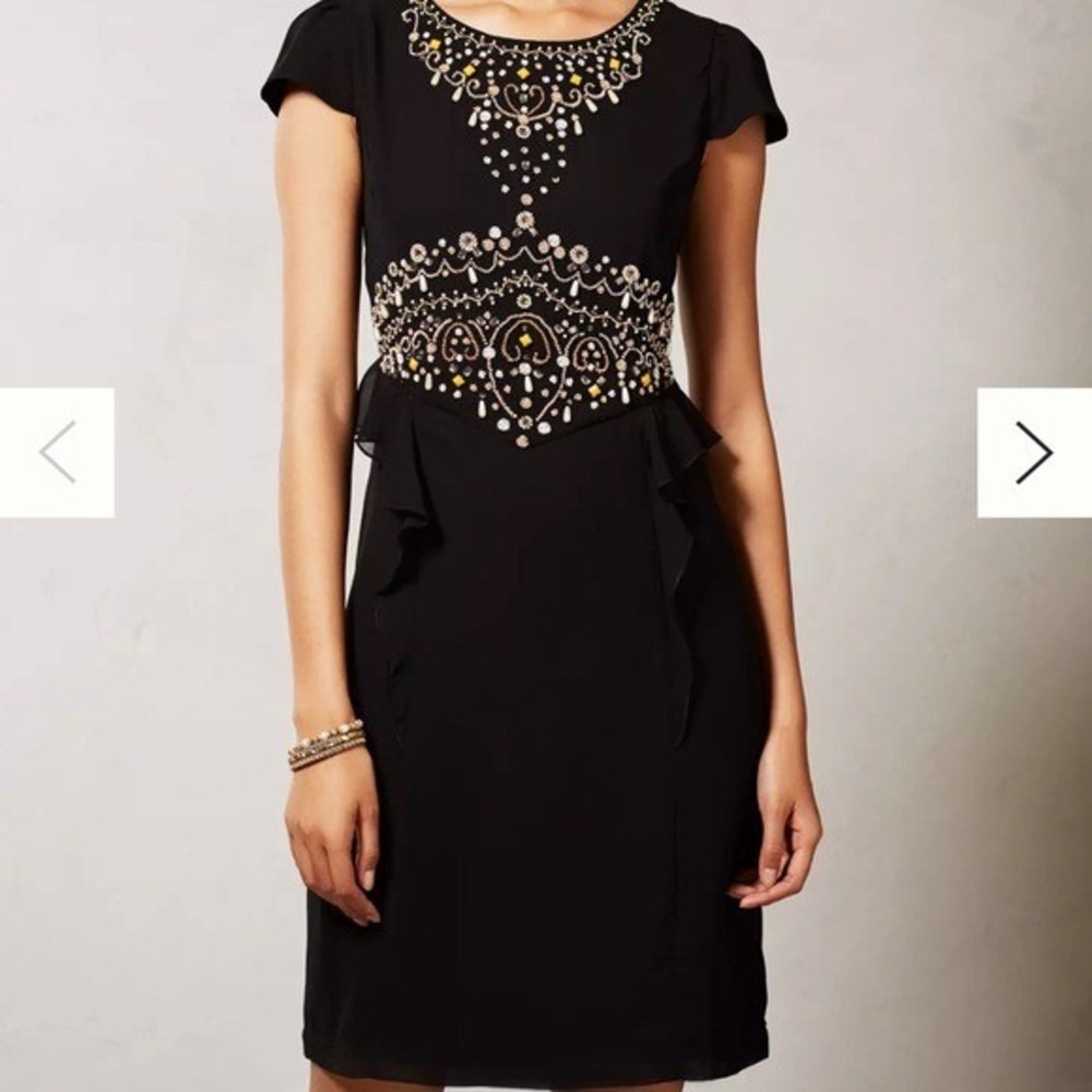 Anthropologie Vineet‎ Bahl Black Beaded Cameo Peplum Dress 2P